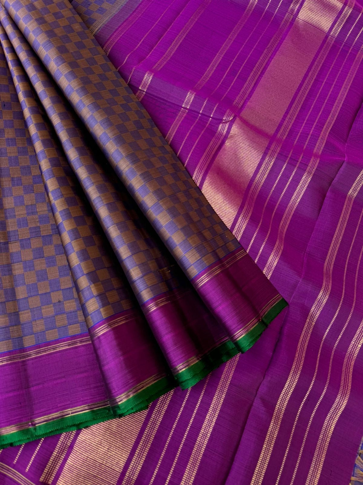 Kattams on Kanchivaram - gorgeous pai kattam or purplish grey with green sleeve edge !!