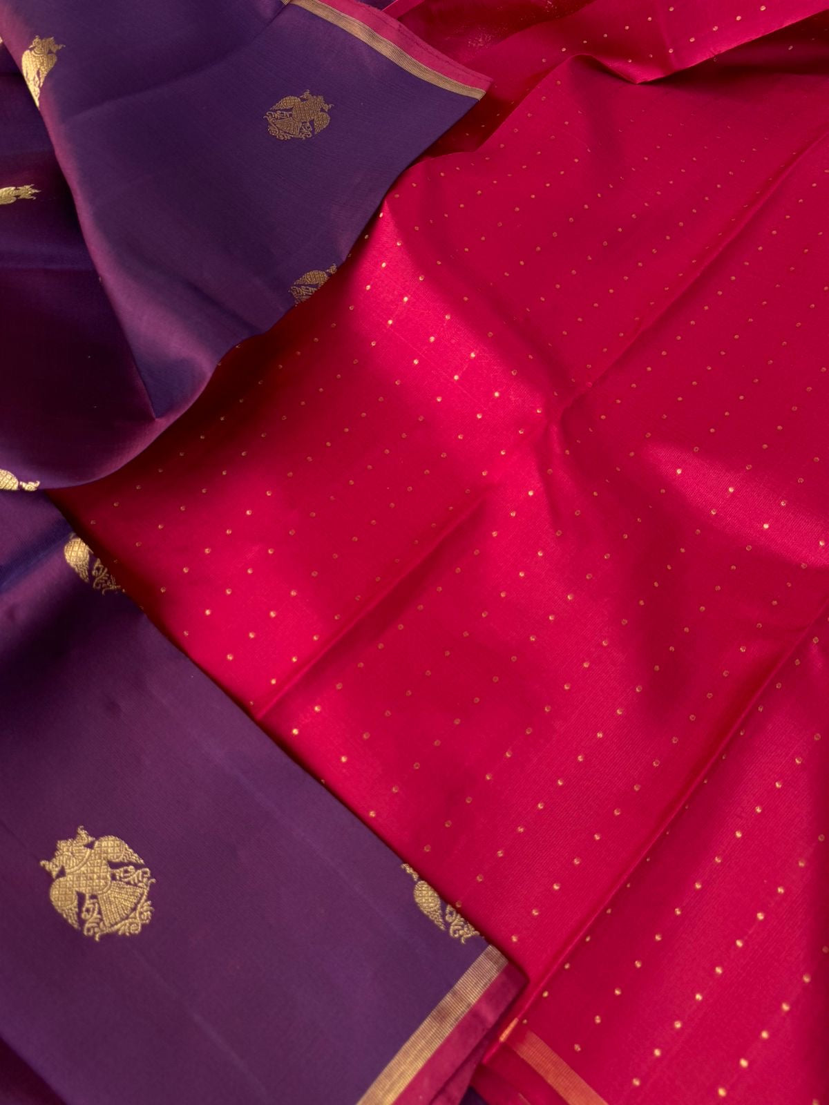 Mohaa - Beautiful Borderless Kanchivarams - purple and red with irruthalai pakshi woven borders