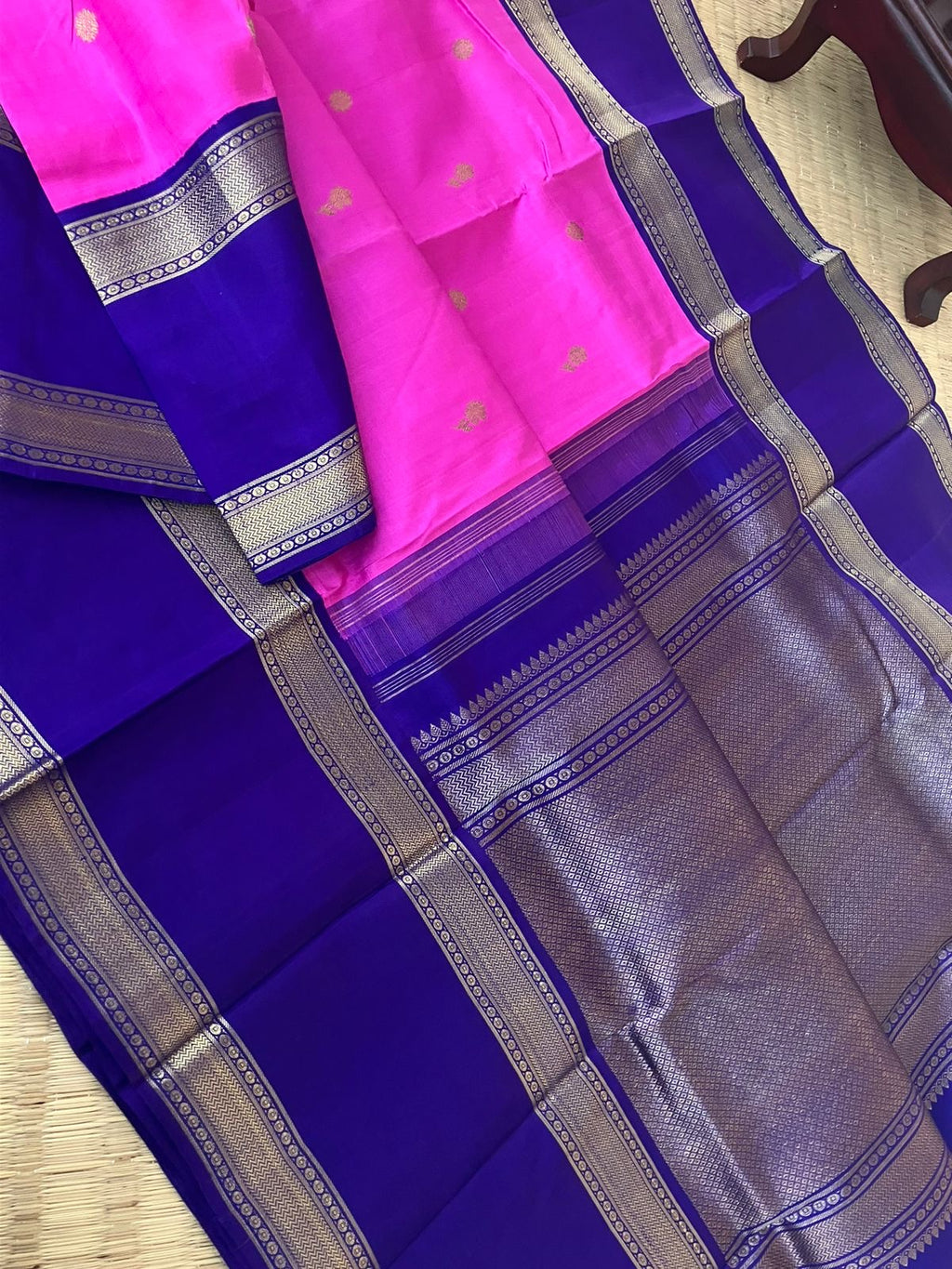 Meenakshi - Kanchivaram for Every Occasion - the traditional age old vintage combination of deep paneer rose and ms blue retro vintage style woven borders