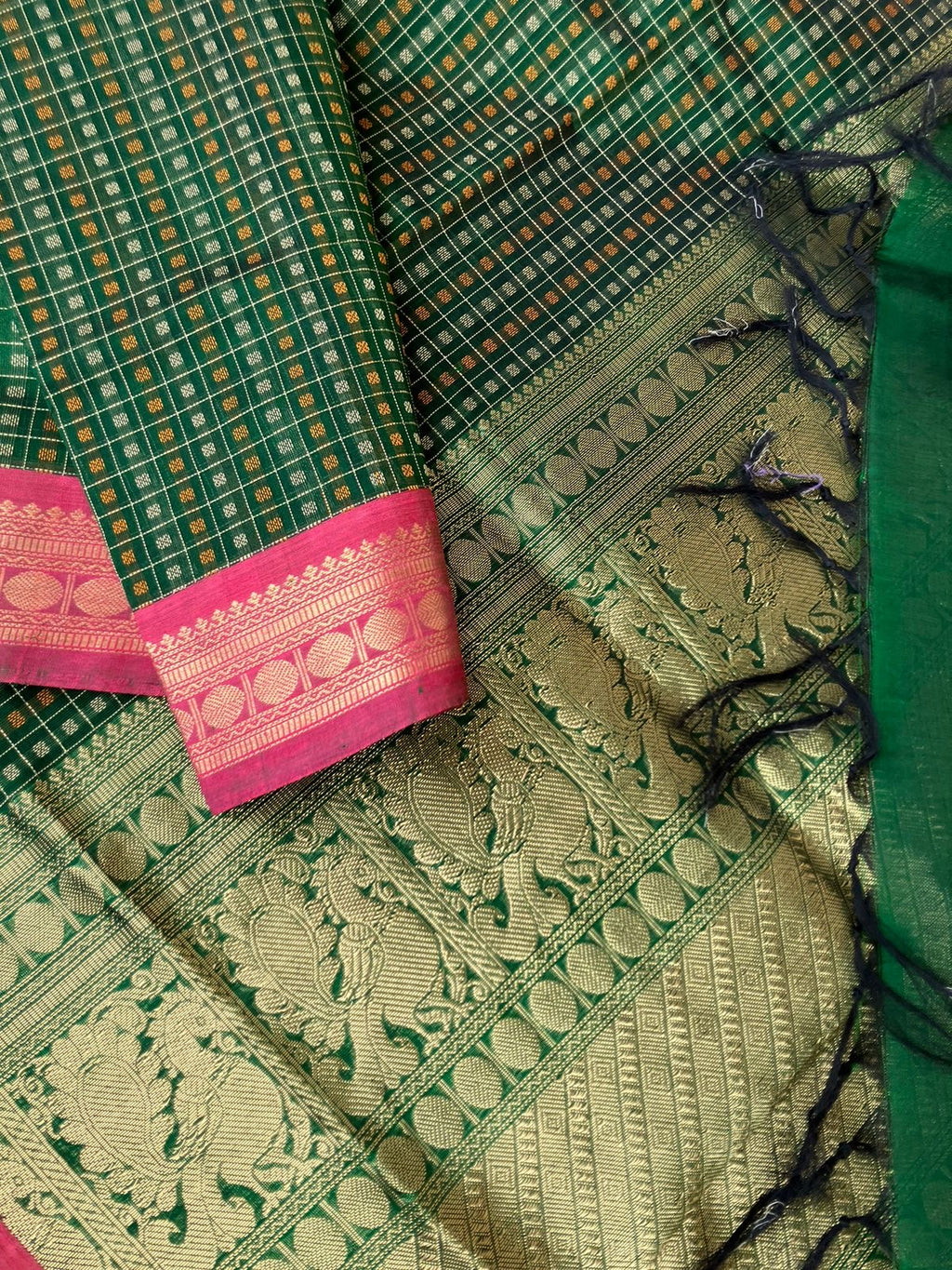 Traditional Colours Woven Motifs Silk Cotton - green Thuthripoo lakshadeepam