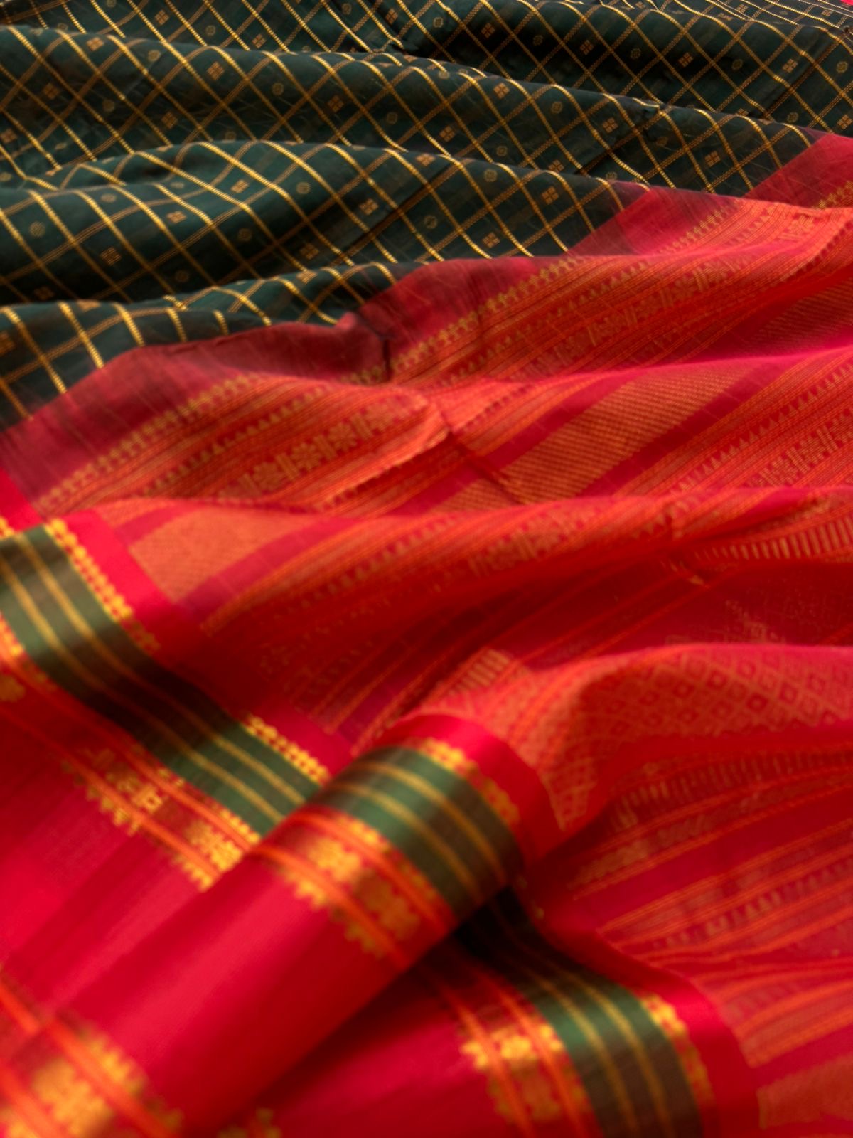 Divyam - Korvai Silk Cotton with Pure Silk Woven Borders - deep dark forest green on red