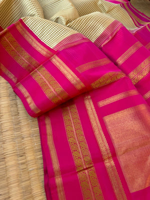 Statement of Kanchivaram - KK6 - most beautiful and traditional grandmother style Kanchivaram with rani pink borders pallu and blouse with cream and beige kasa kasa ( tiny ) chexz woven body