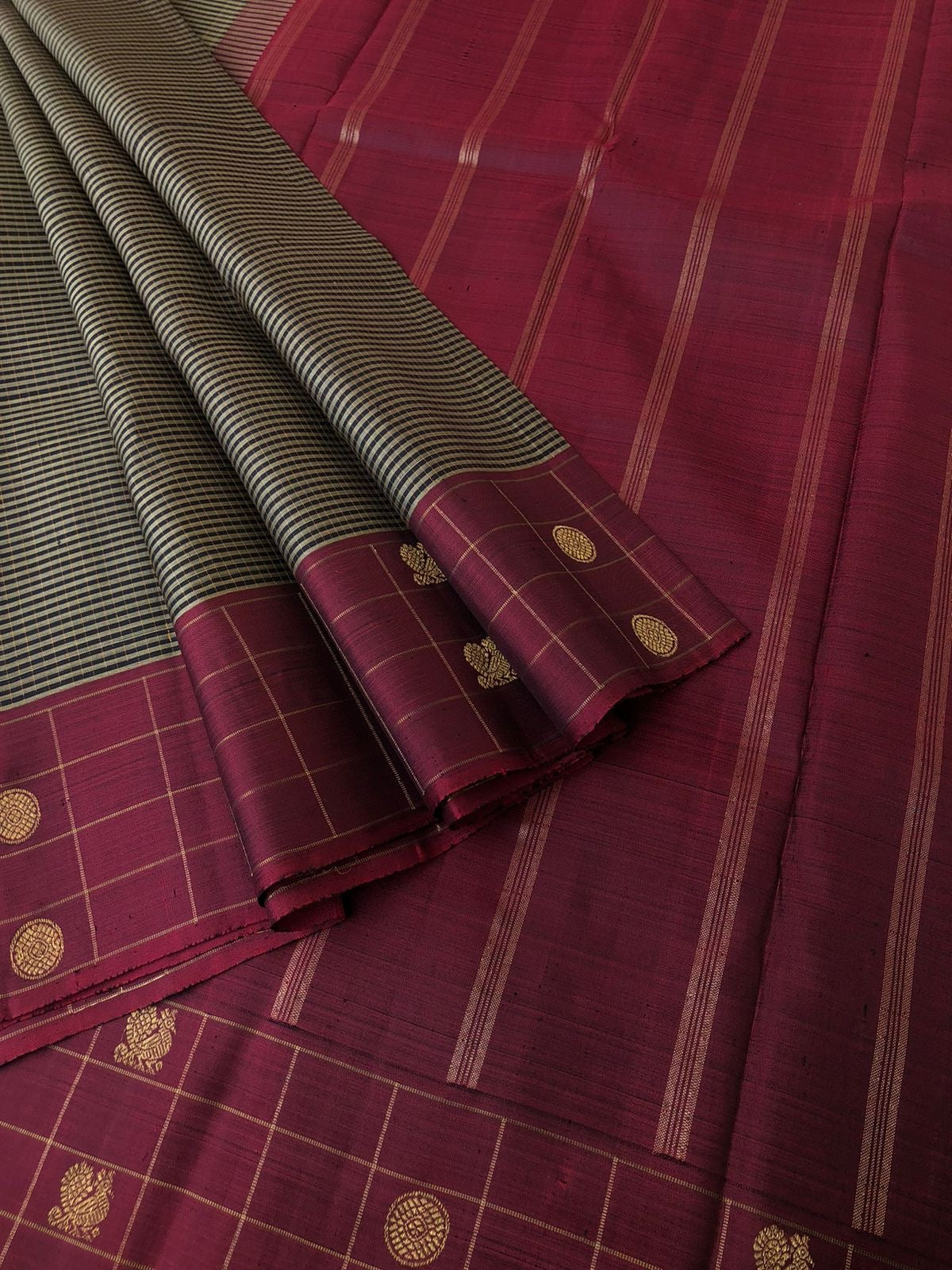 Radhee - Rare Find Kanchivarams - black grey podi kattam with wine maroon borders pallu and blouse