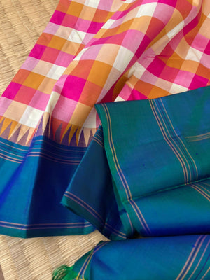 Paalum palamum kattam on Kanchivaram - stunning cream mustard pink kattam with peacock blue green border pallu and blouse