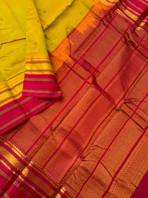 Divyam - Korvai Silk Cotton with Pure Silk Woven Borders - mustard mixed green and deep red