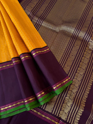 Vintage Ragas on Korvai Kanchivaram - traditional at the best mustard and beetle nut zari woven muthukattam with beetle nut purple retta pett borders