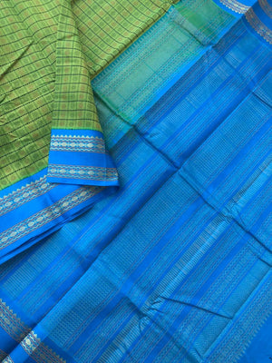 Divyam - Korvai Silk Cotton with Pure Silk Woven Borders - parrot green and blue Lakshadeepam