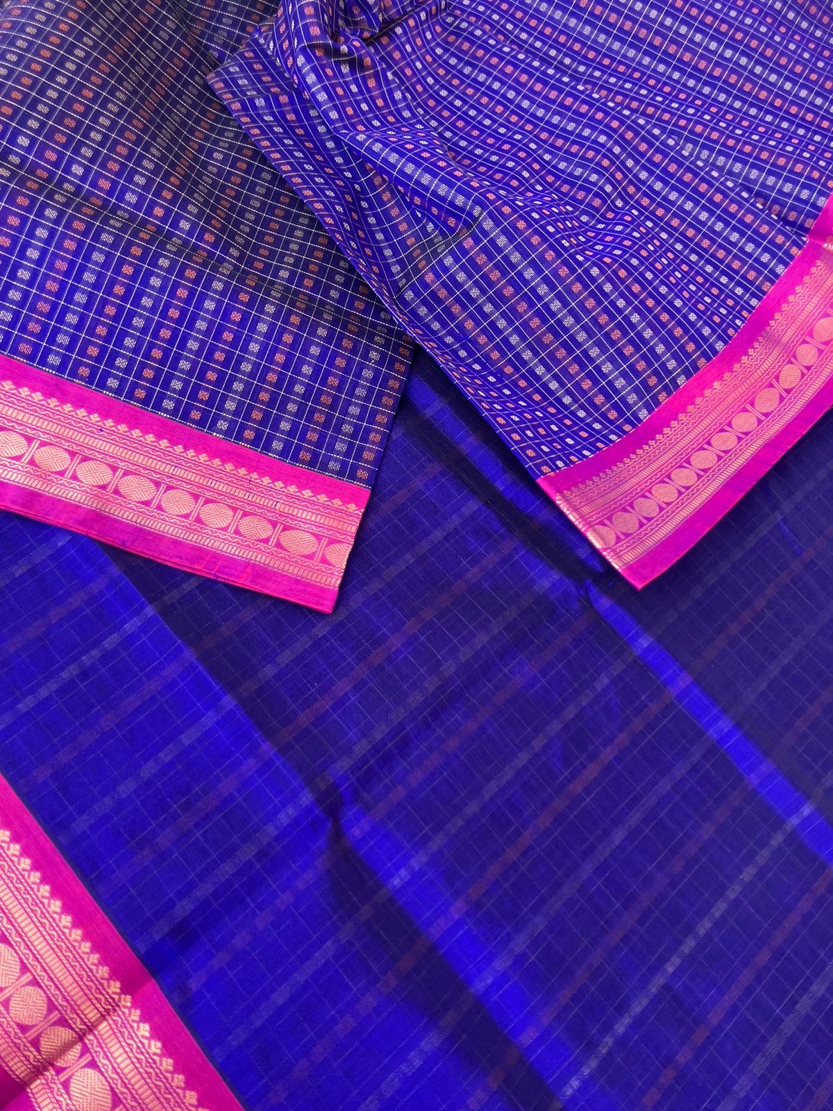 Traditional Colours Woven Motifs Silk Cotton - royal blue lakshadeepam