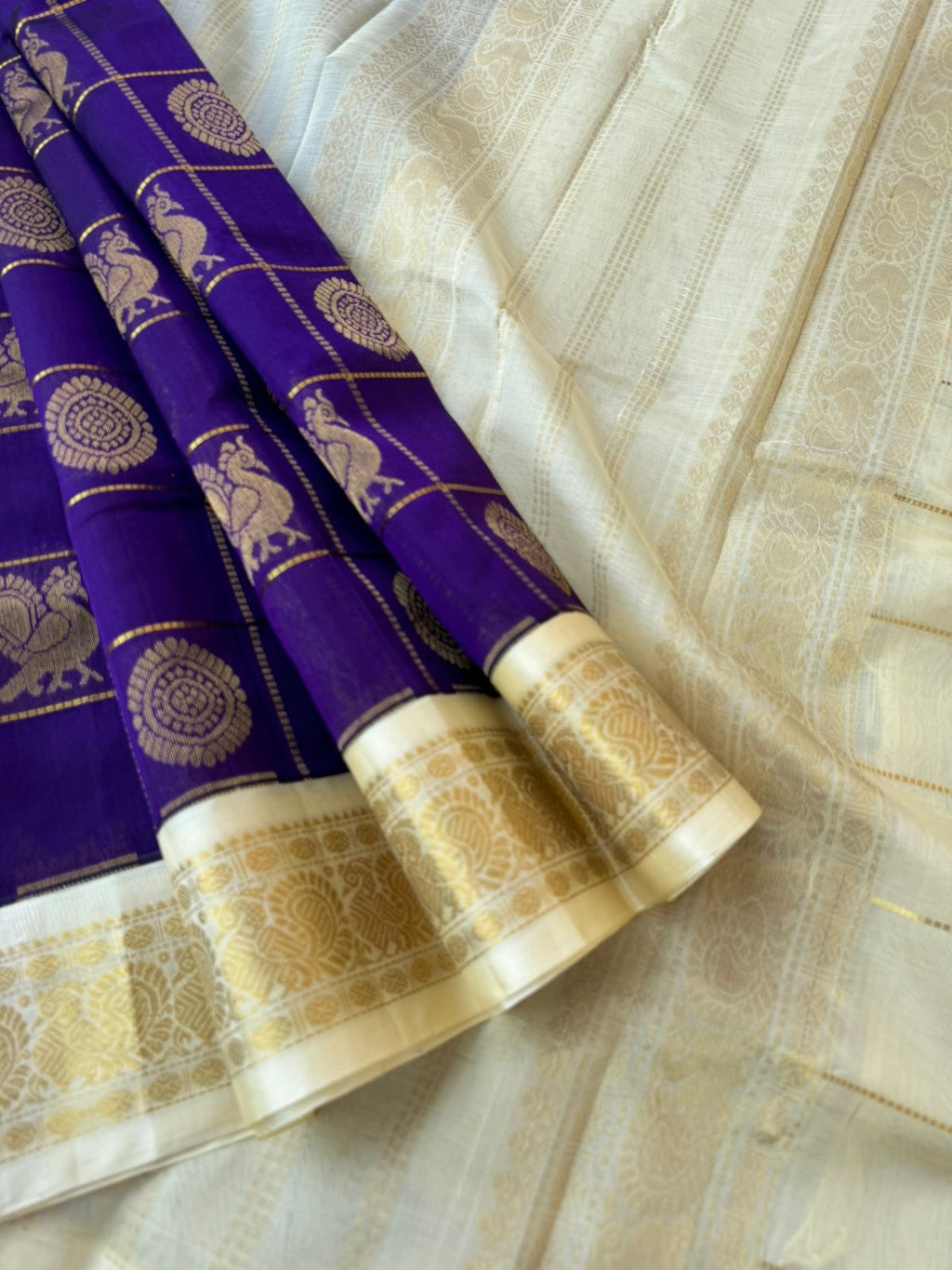 Korvai Silk Cotton - ms blue and ivory mayil chackaram