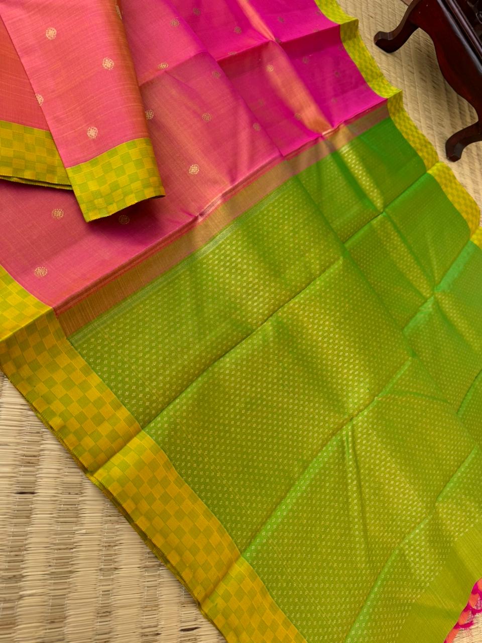 Album Untouched - stunning peach and apple green with mat chex woven borders with full zari brocade woven pallu and blouse