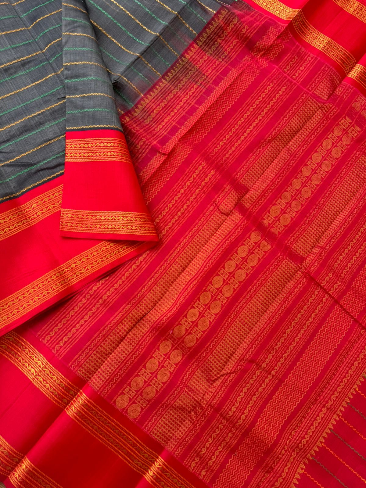 Divyam - Korvai Silk Cotton with Pure Silk Woven Borders - grey and red veldhari