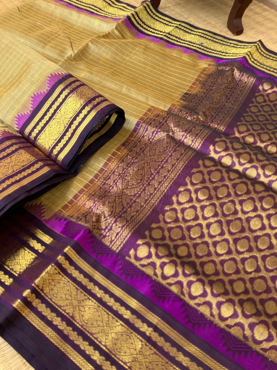 Korvai Silk Cotton - beige and purple zari kattam