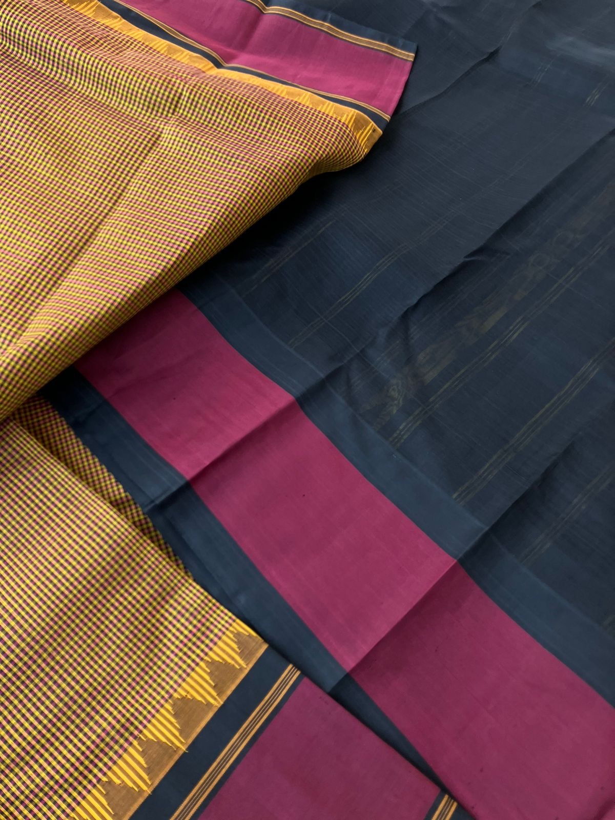 Signature Korvai Silk Cottons - rust mustard kasa kasa kattam with burgundy and black borders