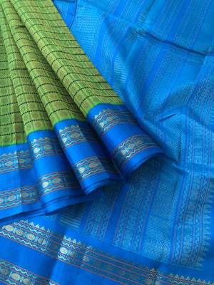 Divyam - Korvai Silk Cotton with Pure Silk Woven Borders - parrot green and blue Lakshadeepam