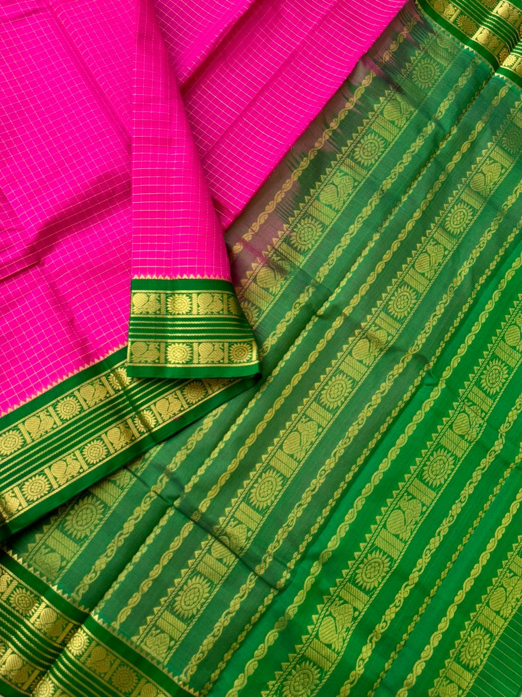 Kattams on Korvai Silk Cotton - pink and green