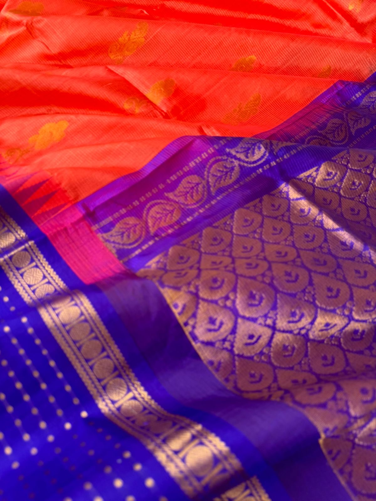 Korvai Silk Cotton - flame orange and blue