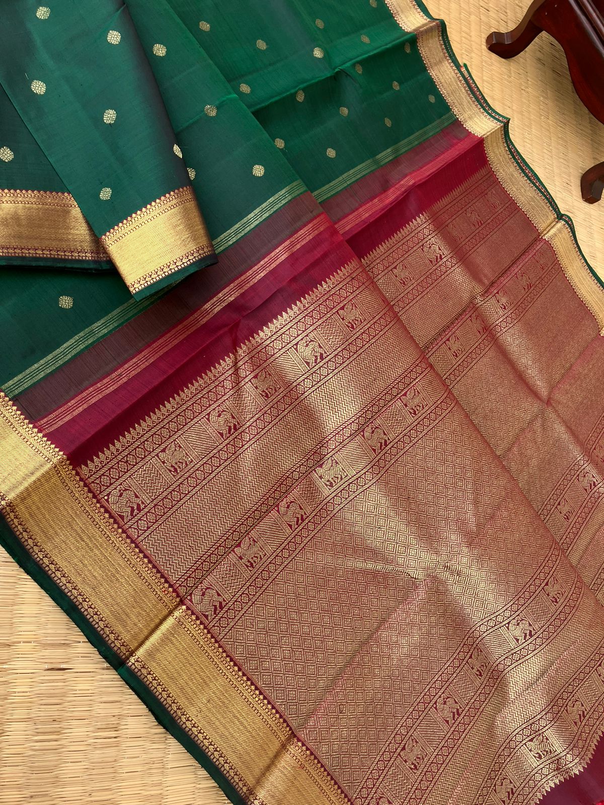 Treasures of Kanchivaram - Solid Gold Zari Woven Border Kanchivarams - the amazing deep dark Meenakshi green and maroon