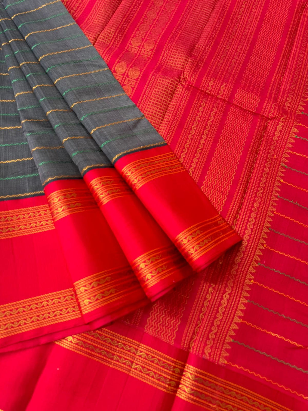 Divyam - Korvai Silk Cotton with Pure Silk Woven Borders - grey and red veldhari