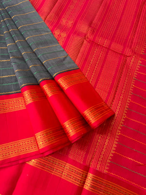 Divyam - Korvai Silk Cotton with Pure Silk Woven Borders - grey and red veldhari