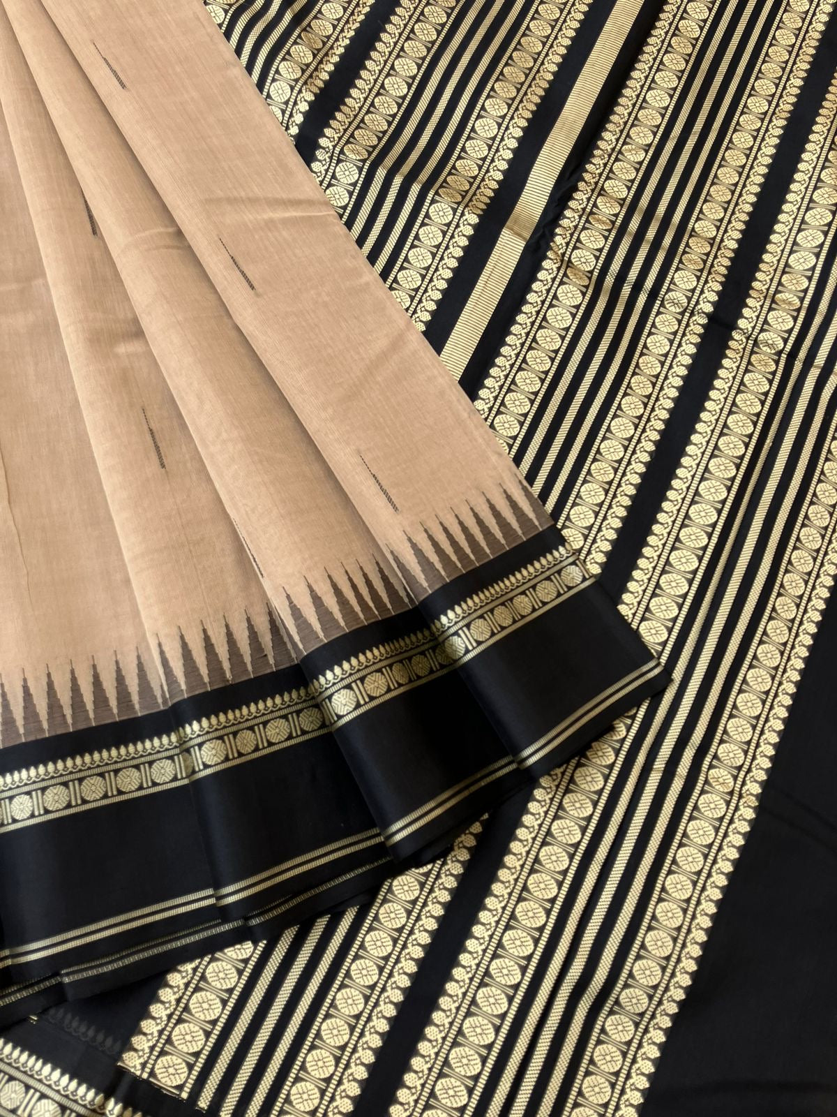 Mira - Our Exclusive Cotton body with Pure Silk Korvai Borders - beige and black malli mokku