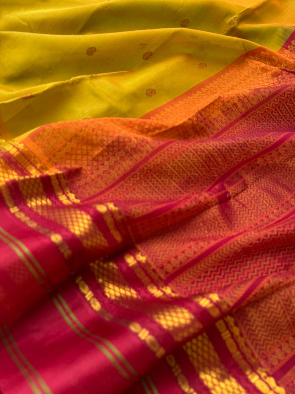 Divyam - Korvai Silk Cotton with Pure Silk Woven Borders - mustard mixed green and deep red