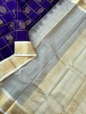 Korvai Silk Cotton - ms blue and ivory mayil chackaram