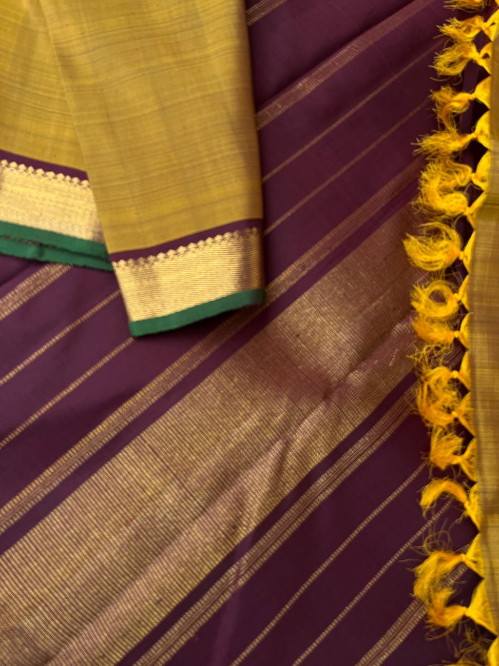 Shree - Stunning Small Border Kanchivarams - molten fenugreek and coffee brown