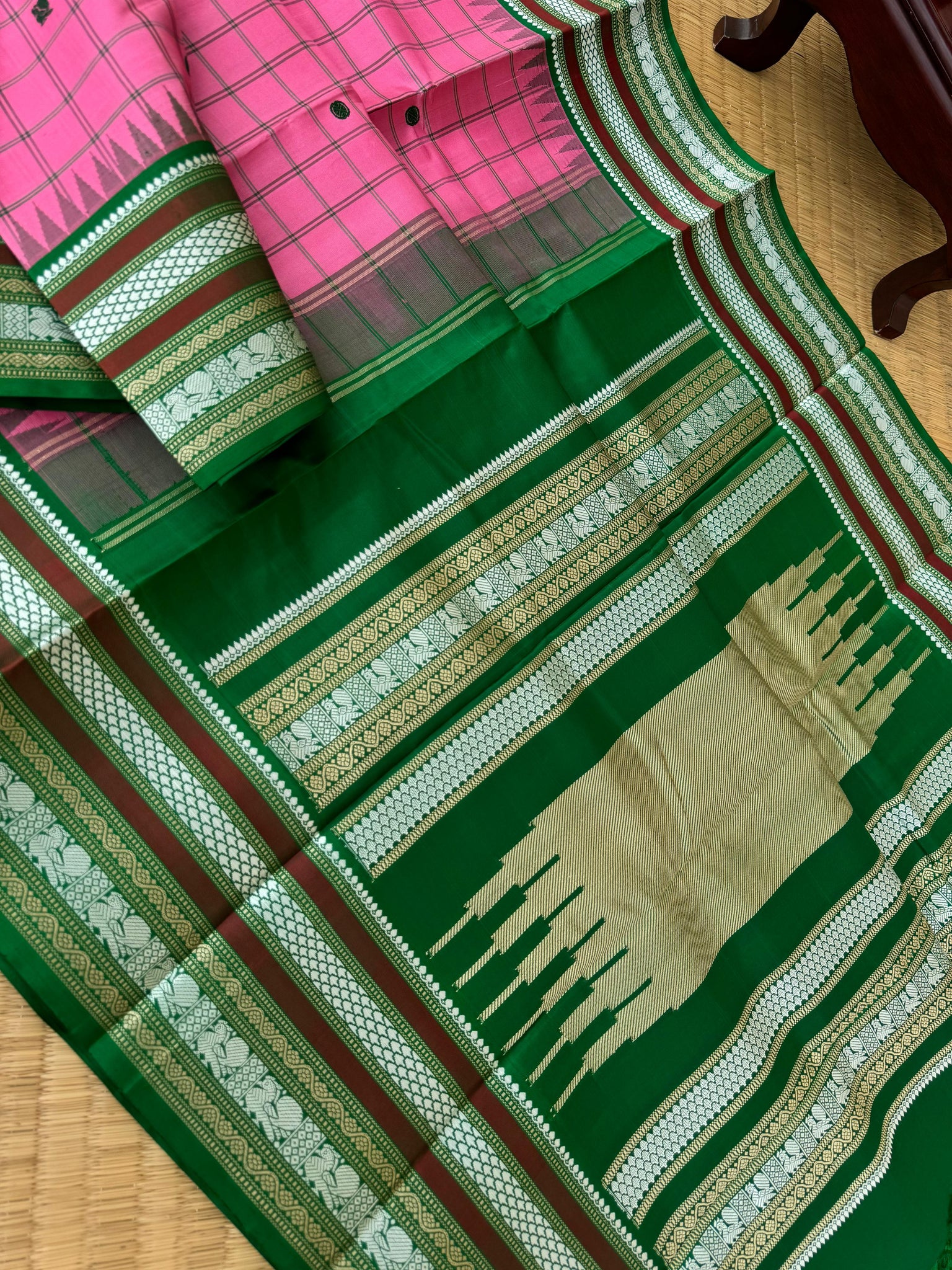 Sahasram - floral pink and Meenakshi green with chex woven buttas