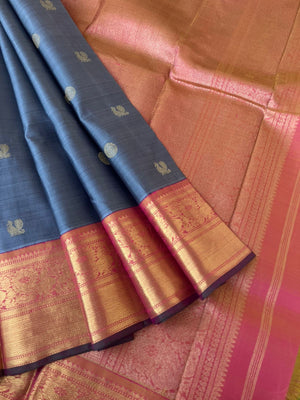 Meenakshi - Kanchivaram for Every Occasion - grey and pink with soldi gold zari woven korvai borders