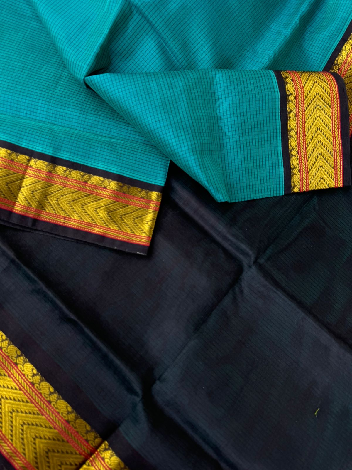 Kattams on Korvai Silk Cotton - deep teal and black