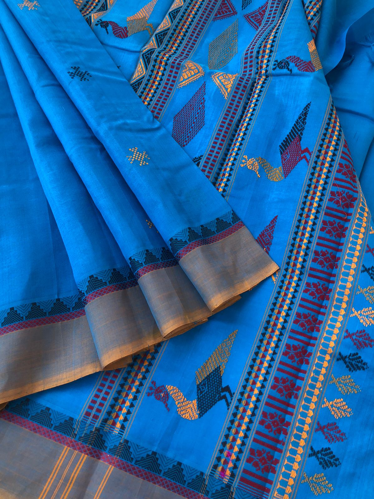 Woven Motifs Silk Cotton - sulphate blue Bomkai