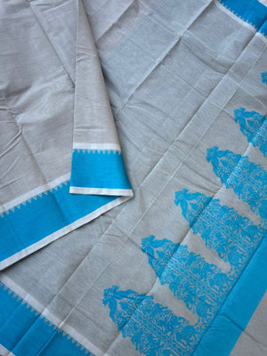 Mangalavastaram - greyish off white gopuram vanasingaram woven pallu with Lakshadeepam woven blouse