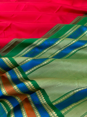 Silk Play on No Zari Kanchivaram - beautiful red and green with yali woven borders