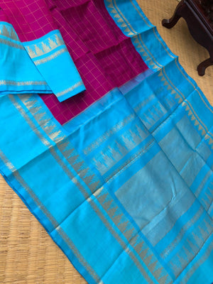 Kattams on Kanchivarams - the deep majenta and sulphate blue korvai woven muthukattam