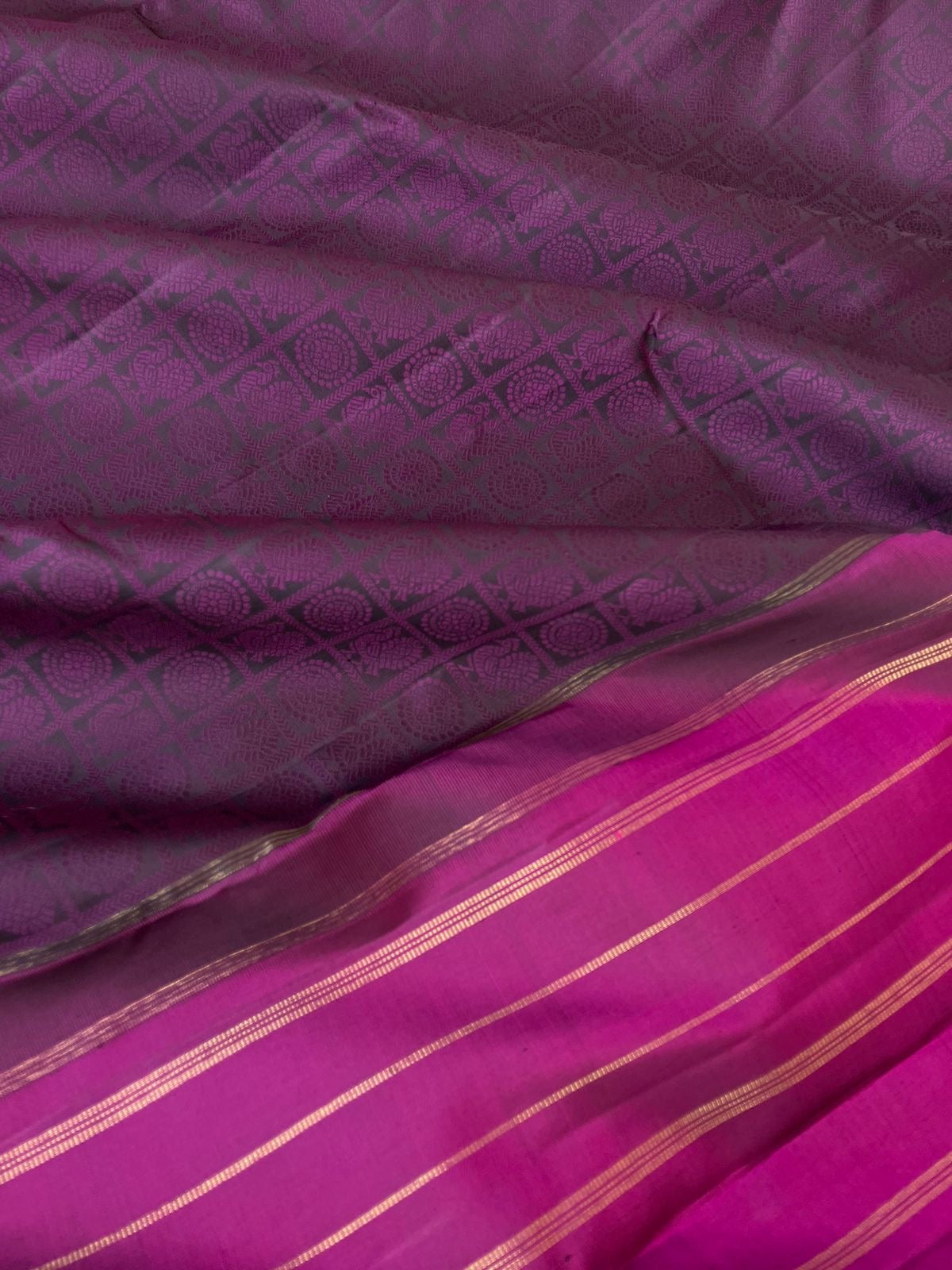 Haritham - Heirloom Yarn Play on Kanchivaram - deep dark plum purple suttle 1000 mayil chackaram woven buttas