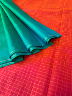 Contrast Play on Full Plain Kanchivarams - beautiful dual tone apple green short blue body with pink short orange pallu and blouse