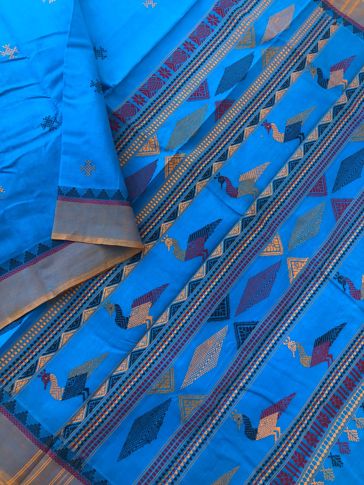 Woven Motifs Silk Cotton - sulphate blue Bomkai