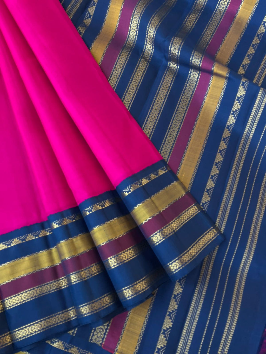 Kanchivaram Theory - Vintage Edition - deep dark indian pink and navy blue with korvai woven borders