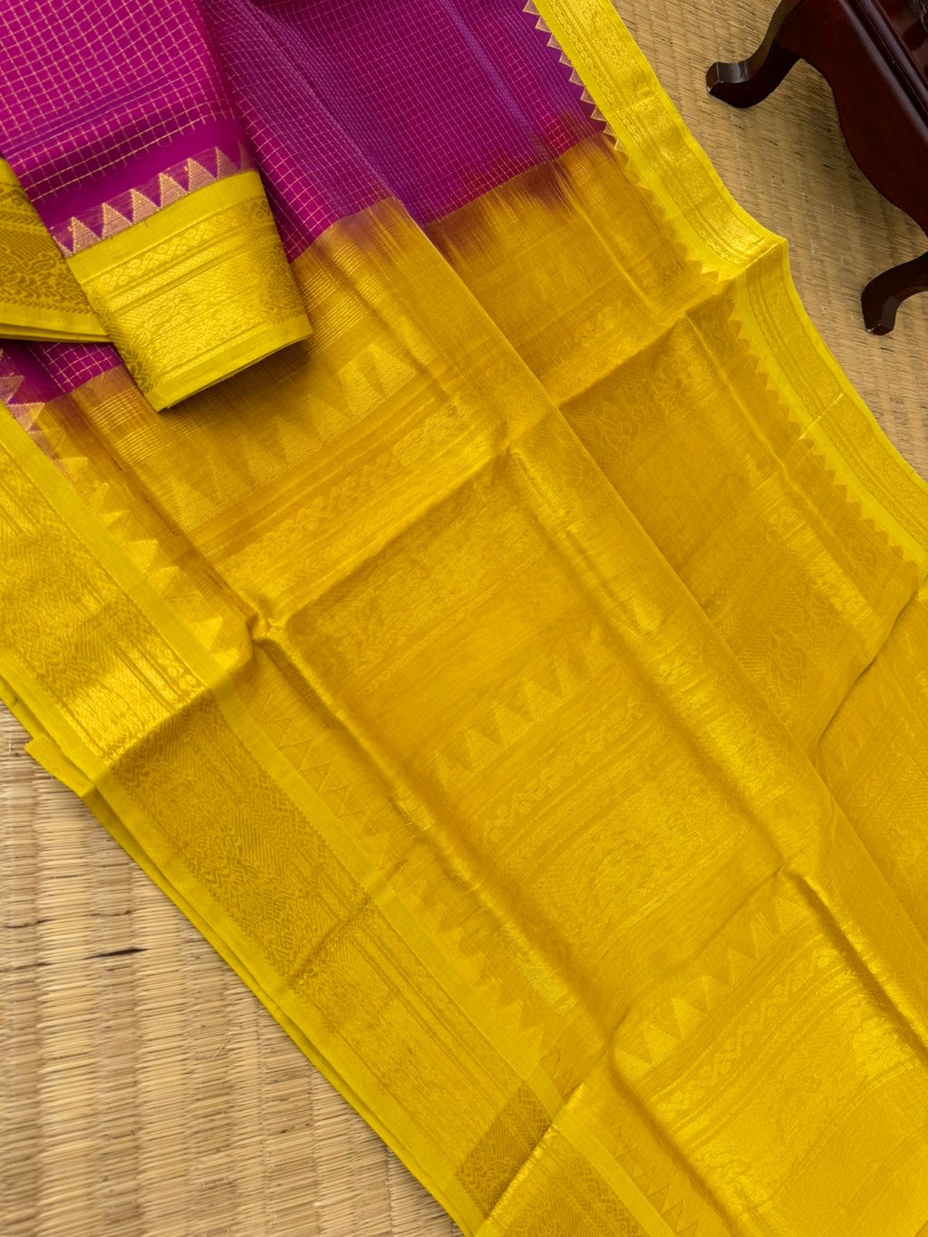 Kattams on Korvai Silk Cotton - deep dark pink and golden mustard