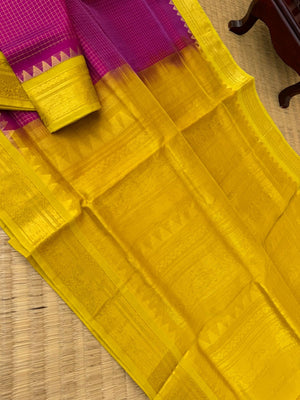 Kattams on Korvai Silk Cotton - deep dark pink and golden mustard