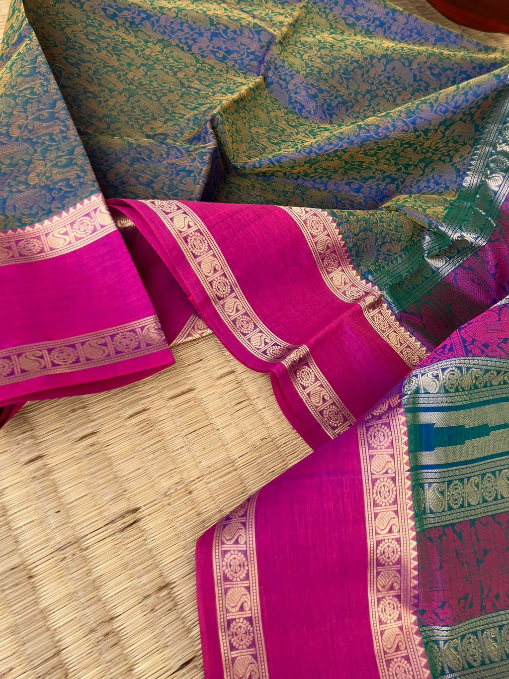 Woven Motifs Silk Cotton - peacock blue green vanasingaram with mustard thread woven motifs