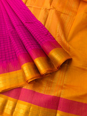 Divyam - Korvai Silk Cotton with Pure Silk Woven Borders - rani pink and mustard Chexs