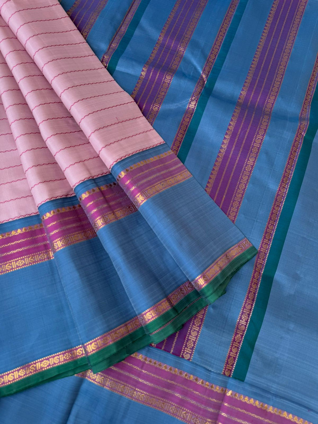 Raga Aadhana - The Vintage Recreated Kanchivaram - pale baby pink veldhari with powder blue borders and pallu