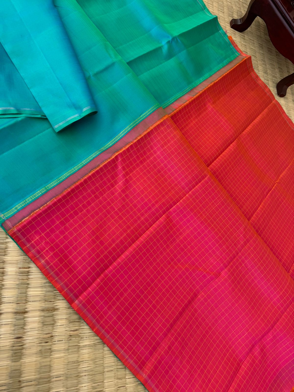 Contrast Play on Full Plain Kanchivarams - beautiful dual tone apple green short blue body with pink short orange pallu and blouse