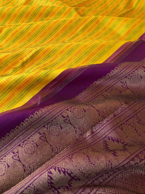 Mohaa - Beautiful Borderless Kanchivarams - beautiful yellow and deep purple with full body woven with silk thread vertical weave