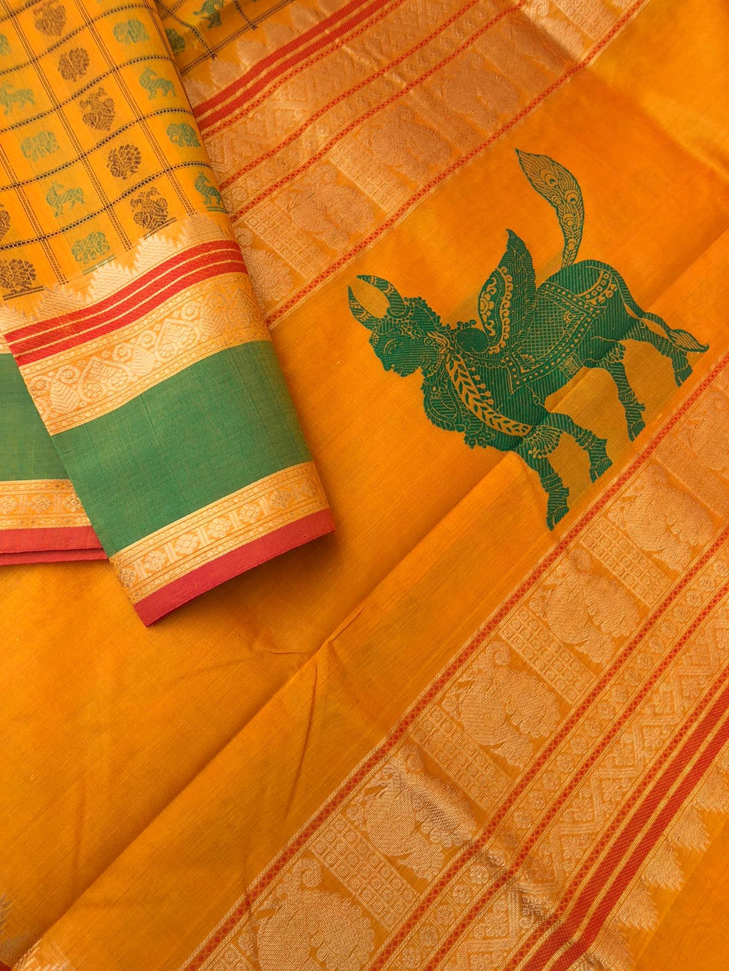 Woven Motifs Silk Cottons - stunning mango yellow 1000 buttas with kamadhenu woven pallu