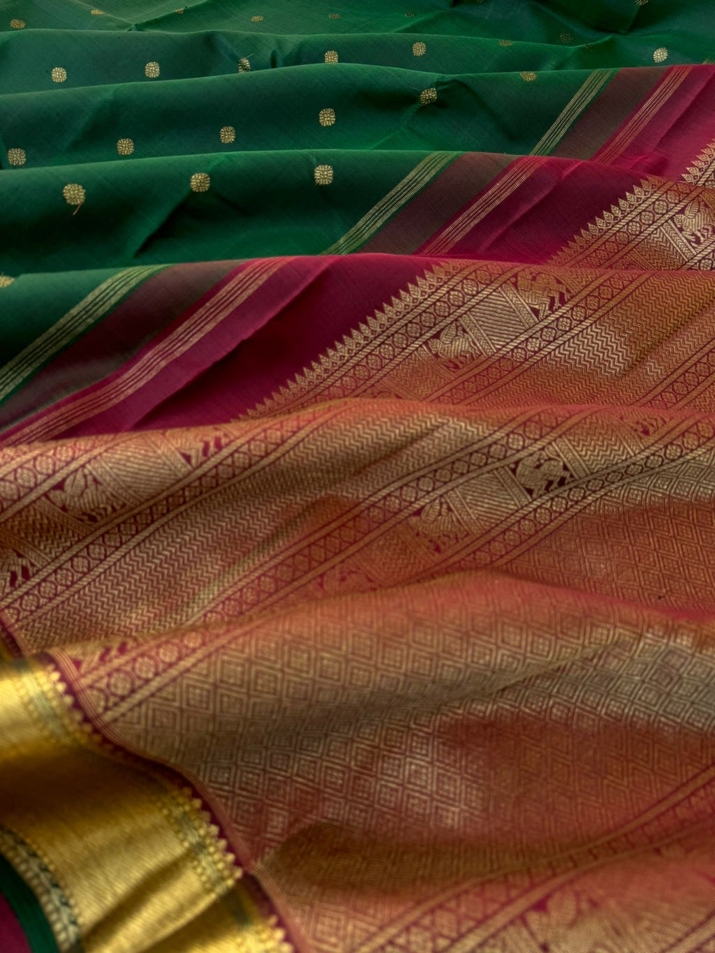 Swarnam - Stunning Solid Border Kanchivarams - the classy deep dark meenakshi green and maroon at its best