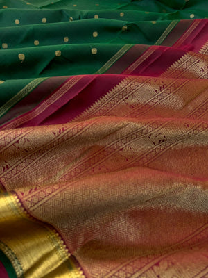 Swarnam - Stunning Solid Border Kanchivarams - the classy deep dark meenakshi green and maroon at its best