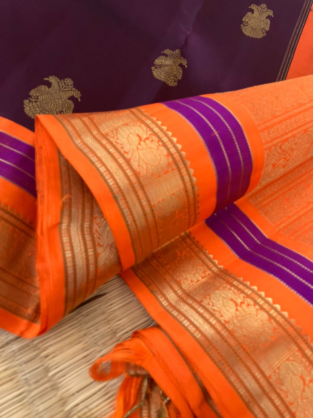 Meenakshi - Kanchivaram for Every Occasion - the most beautiful combination of betel-nut maroon and orange koravi Kanchi with irruthalaipakshi woven buttas