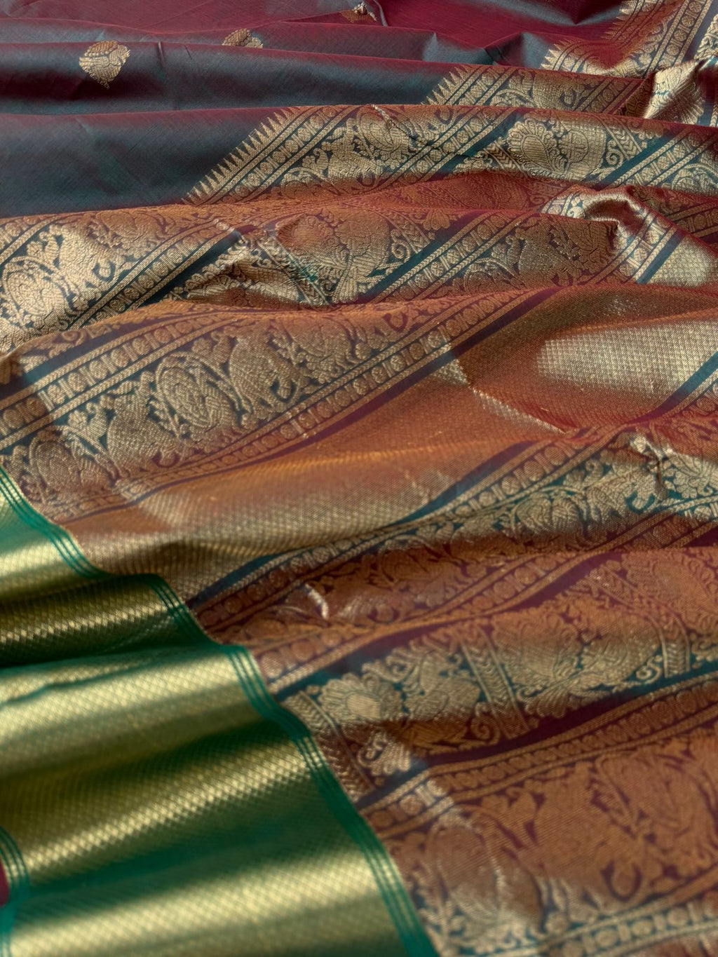 Zari Kissed Silk Cotton - stunning deep dual tone maanthulir